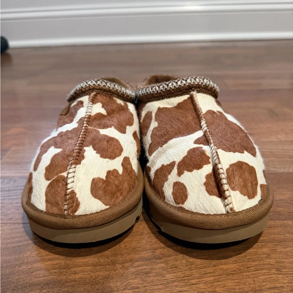 UGG Women's Tan and Cream Cow Print Slippers - Picture 2 of 8